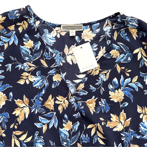Pleione Blouse Top Bodysuit Blue Floral V-Neck Semi Sheer Blouse Medium NEW - Picture 4 of 12